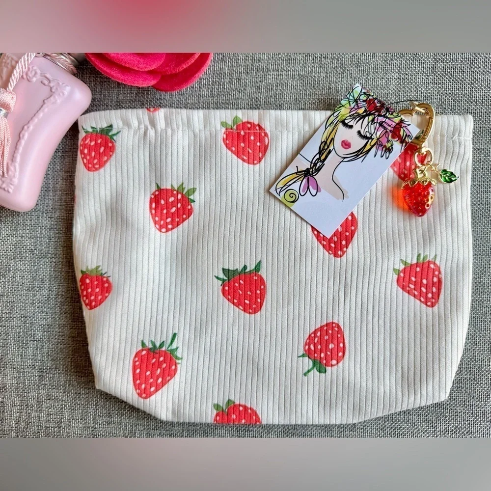 New Red Strawberry Lined Corduroy Makeup Cosmetic Tech Pencil Bag w/ Charm - 10”